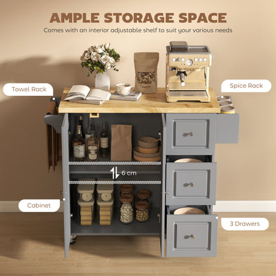 HOMCOM Kitchen Island on Wheels, Rolling Kitchen Storage Trolley with Drop Leaf, Drawers, Towel and Spice Rack, Grey 