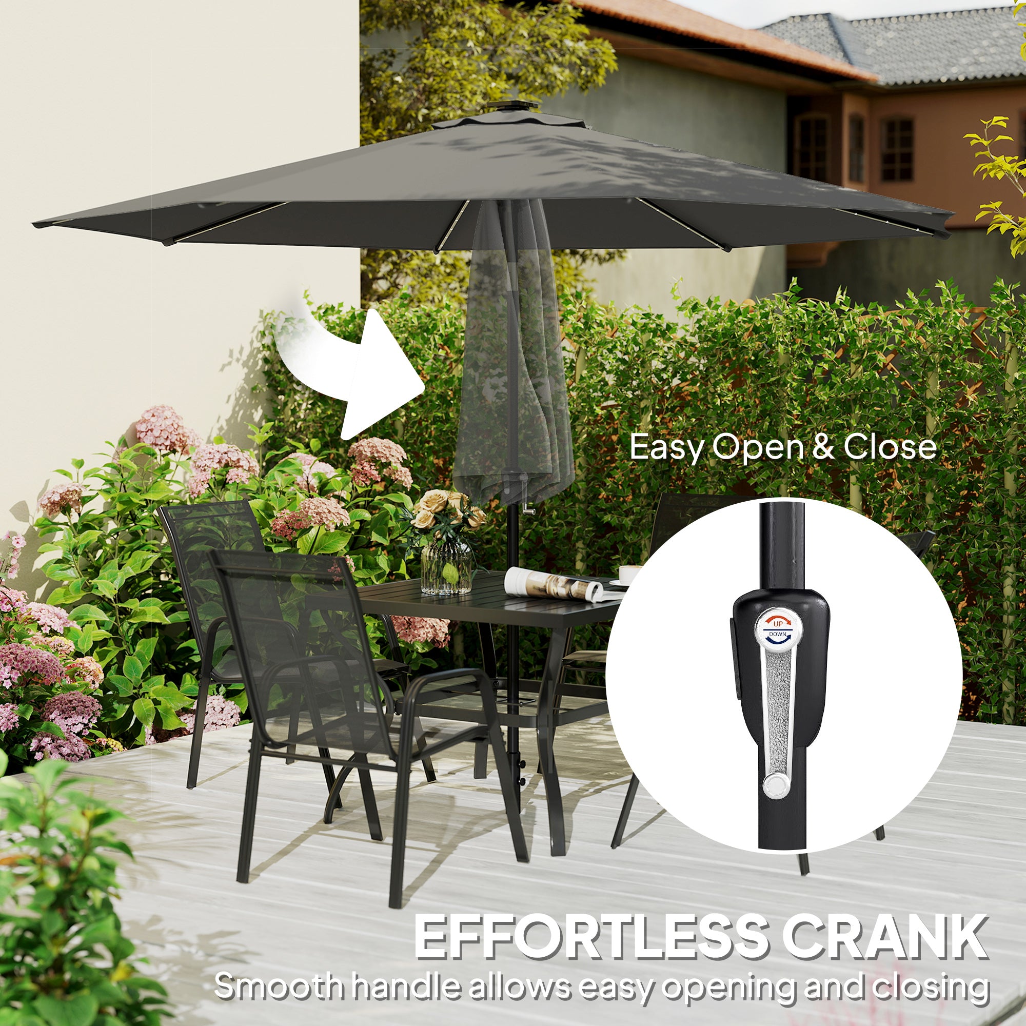 Outsunny 3 m Garden Parasol Umbrella with 112 Solar Powered LED Lights, Patio Umbrella with Crank Handle, Grey 