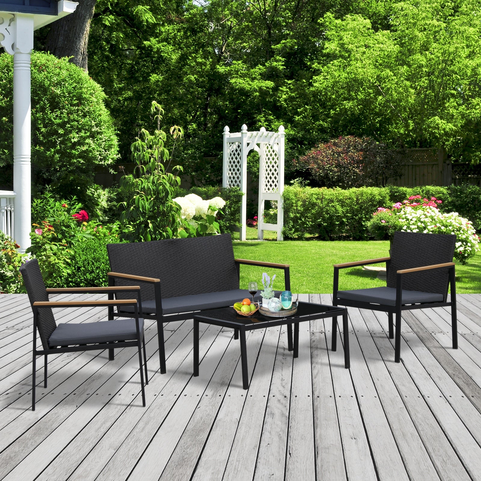 Outsunny 4 Pieces Rattan Garden Furniture Set, 4 Seater Garden Sofa Set with Loveseat, 2 Armchairs and Glass Top Coffee Table, Wicker Outdoor Conservatory Furniture with Cushions for Patio, Black 