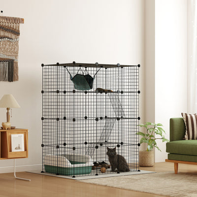 PawHut 4-Tier DIY Large Cat Cage with Hammock, Ramps, 5 Doors, Indoor Use for 1-3 Cats, Black 