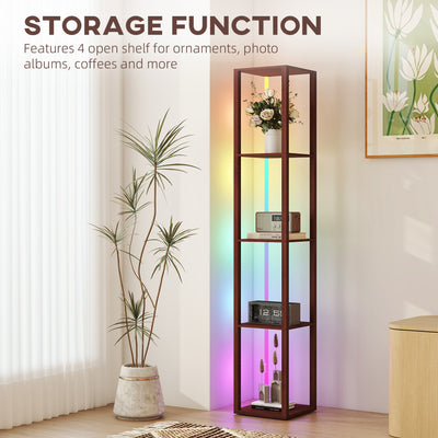 HOMCOM RGB LED Floor Lamp with Shelves, Modern Dimmable Standing Lamp with Remote Control, Adjustable Brightness & Speed for Living Room, Bedroom, Office, Brown 