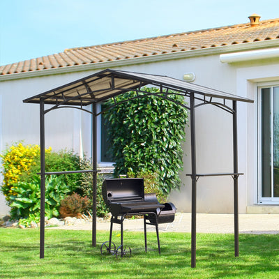 Outsunny 8ft x 5ft Outdoor BBQ Protective Gazebo Tent Aluminium Steel Frame w/ 2 Shelves Hardtop Roof Canopy Ground Stakes Safe Cooking 