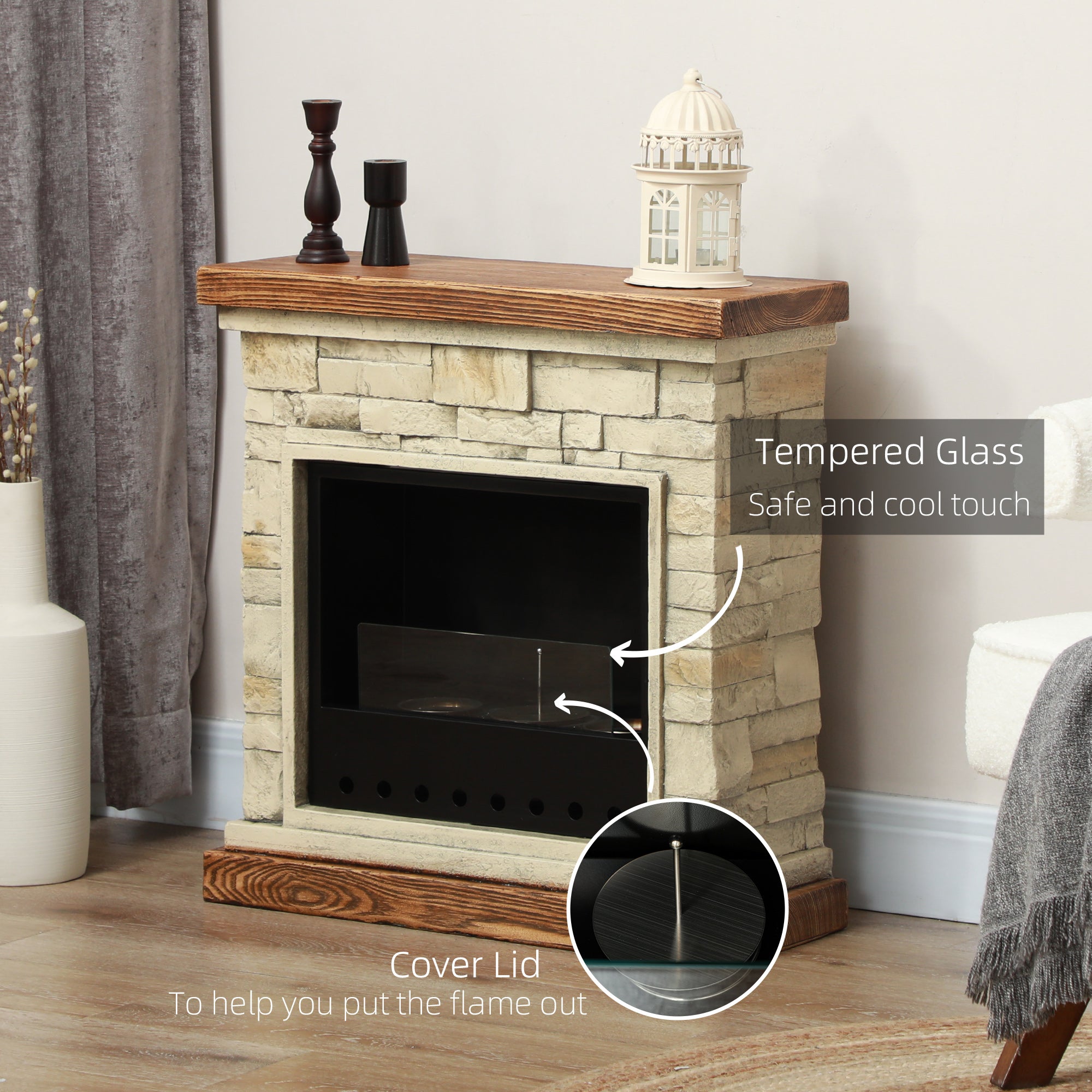 HOMCOM Bioethanol Fire Heater, with Brickwork-Effect Mantelpiece - Brown 