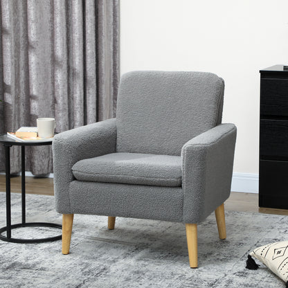 HOMCOM Armchair, Upholstered Accent Chair with Wood Legs and Wide Padded Seat, Teddy Occasional Chair, Grey
