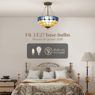 HOMCOM Tiffany Style Ceiling Light, Vintage Chandelier with 3 E27 Sockets, Semi Flush Mount for Living Room, Bulbs Not Included 