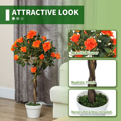 Outsunny Set of 2 Artificial Plants White Rose Floral in Pot, Fake Plants for Home Indoor Outdoor Decor, 90cm, Orange 