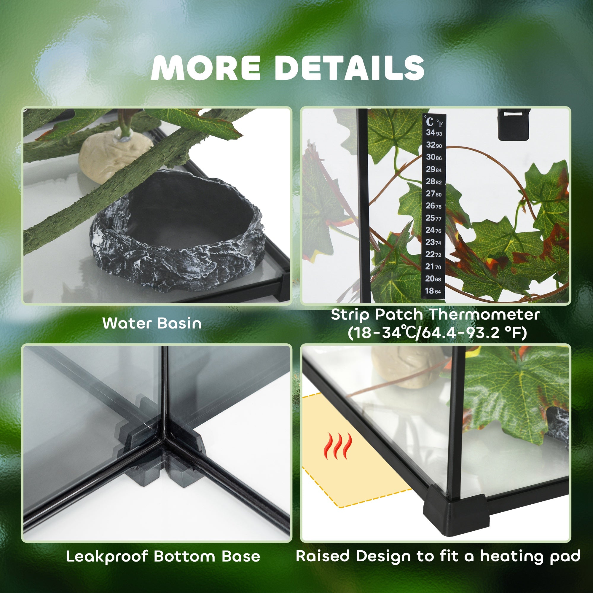 PawHut Glass Reptile Terrarium with Decor Kit, Breeding Tank with Thermometer for Small Animals, 50 x 30 x 25cm, Heated - Black 