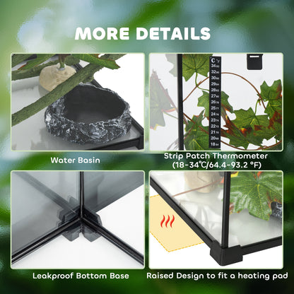 PawHut Glass Reptile Terrarium with Decor Kit, Breeding Tank with Thermometer for Small Animals, 50 x 30 x 25cm, Heated - Black 