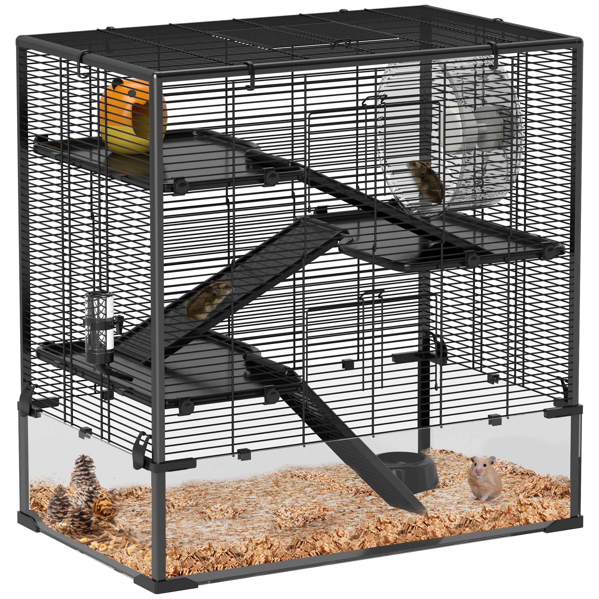 PawHut 4 Tiers Hamster Cage with Deep Tempered Glass Bottom, Hut, Running Wheel, Food Dish, Water Bottle, 78.5 x 48.5 x 80cm 