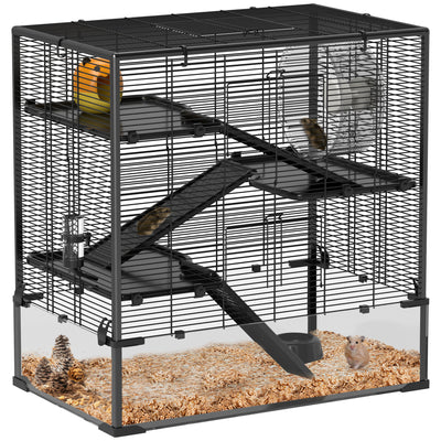 PawHut 4 Tiers Hamster Cage with Deep Tempered Glass Bottom, Hut, Running Wheel, Food Dish, Water Bottle, 78.5 x 48.5 x 80cm 