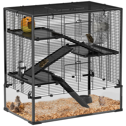 PawHut 4 Tiers Hamster Cage with Deep Tempered Glass Bottom, Hut, Running Wheel, Food Dish, Water Bottle, 78.5 x 48.5 x 80cm 