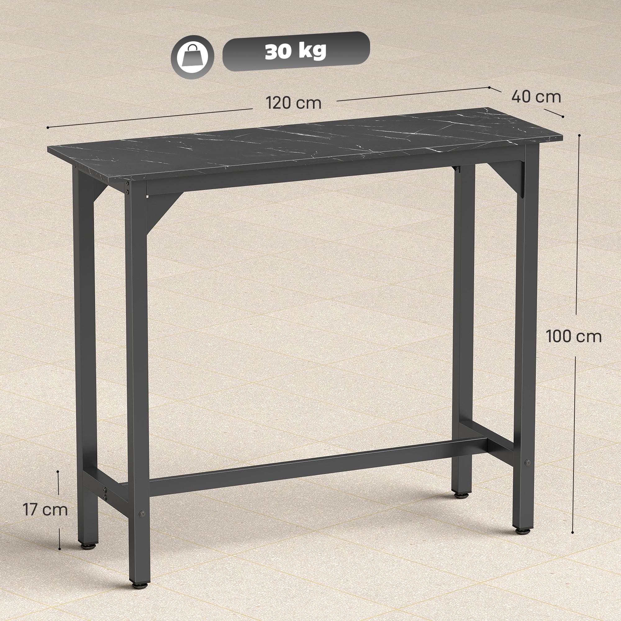 HOMCOM Rectangular Bar Table, Marble Effect Pub Coffee Table for Small Space, Breakfast Dining, Black Marble Effect 