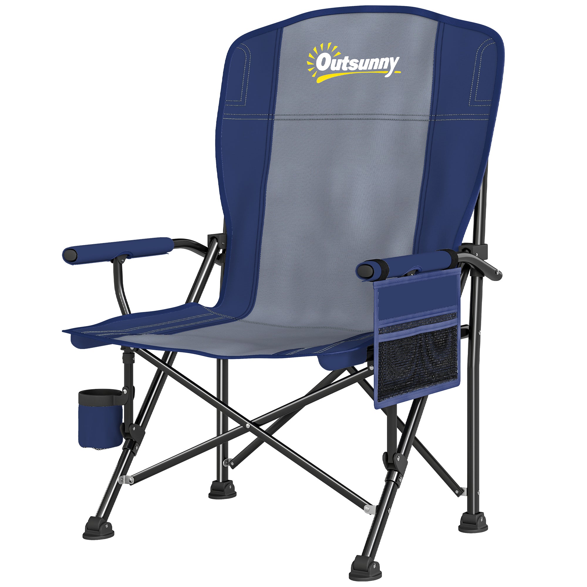 Outsunny Padded Camping Chair Adults Heavy Duty Folding Chair Side Pocket Cup Holder Carry Bag Outdoor Dark Blue 