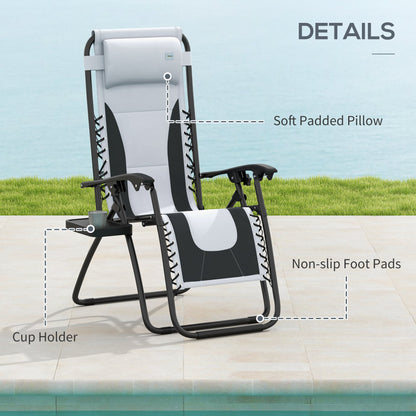Outsunny Zero Gravity Lounger Chair Set of 2, Folding Reclining Patio Chair with Padded Seat, Cup Holder, Soft Cushion and Headrest for Poolside, Camping, Grey 