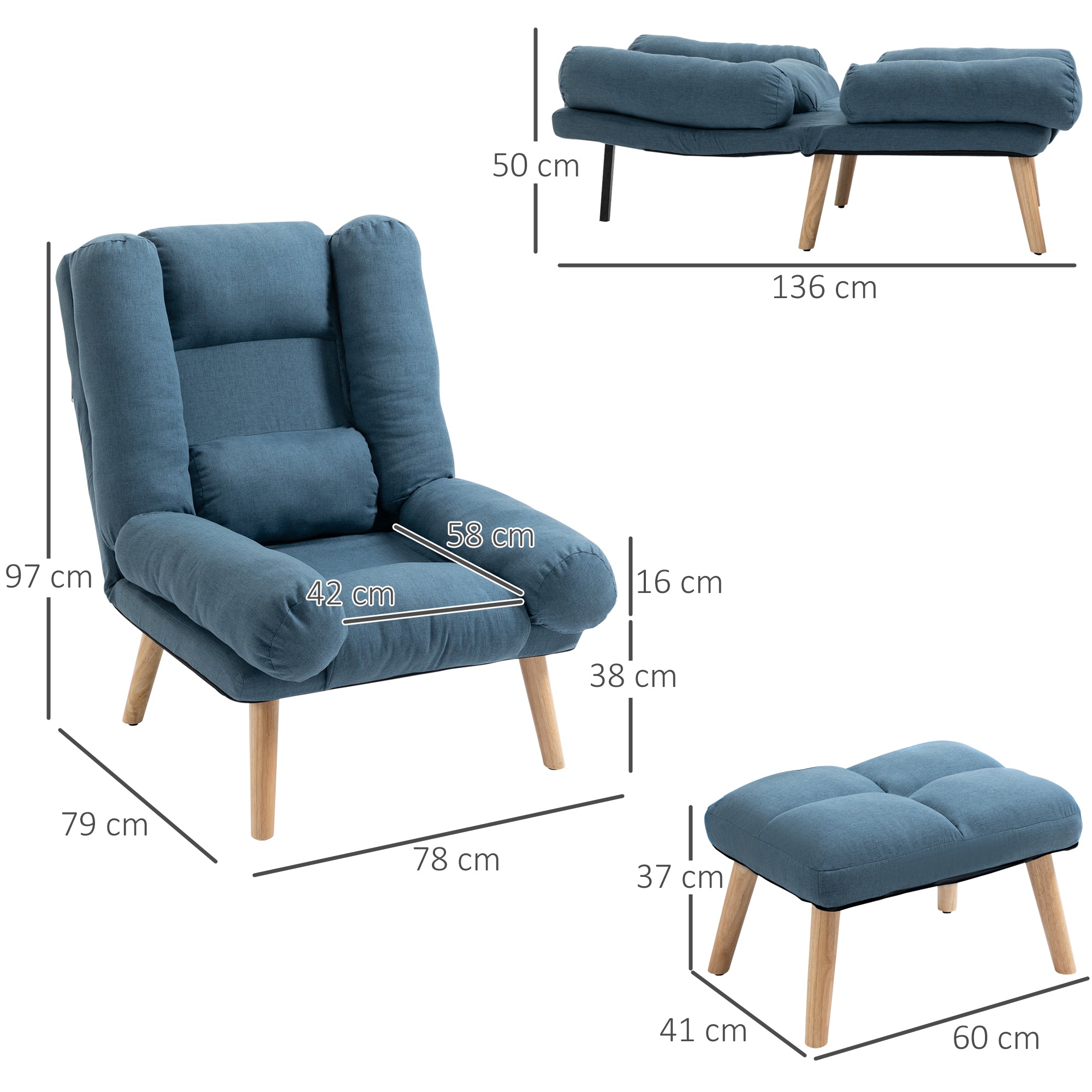 HOMCOM Armchair with Footstool, 180\'c2\'b0 Recliner with Ottoman, Accent Chair and Footstool with 3-Position Adjustable Backrest and Wooden Legs for Living Room, Blue