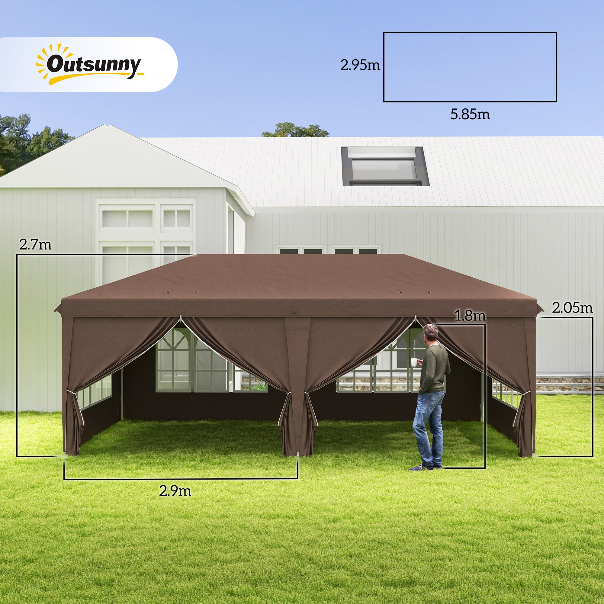 Outsunny 3 x 6 m Pop Up Gazebo with Sides and Windows, Height Adjustable Wedding Camping Party Tent Canopy Marquee with Storage Bag for Garden, Event, Brown