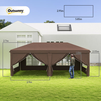 Outsunny 3 x 6 m Pop Up Gazebo with Sides and Windows, Height Adjustable Wedding Camping Party Tent Canopy Marquee with Storage Bag for Garden, Event, Brown 