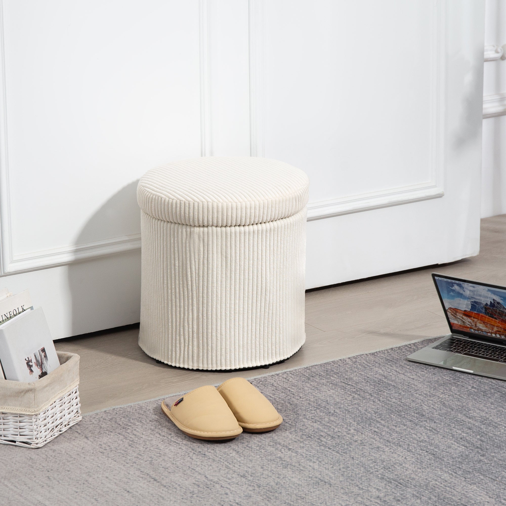 HOMCOM 40cm Round Storage Ottoman, Corduroy Footstool with Removable Lid and Legs, Vanity Stool for Living Room, Bedroom, Beige 