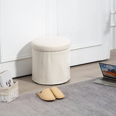 HOMCOM 40cm Round Storage Ottoman, Corduroy Footstool with Removable Lid and Legs, Vanity Stool for Living Room, Bedroom, Beige 