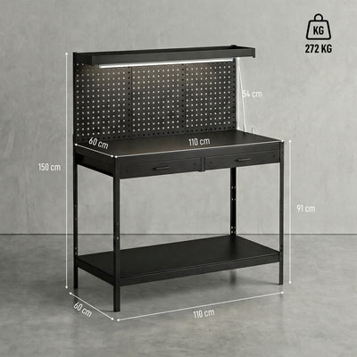 HOMCOM 110 cm Workbench with Pegboard, Heavy Duty Work Table with Power Strip and LED Light, Black 