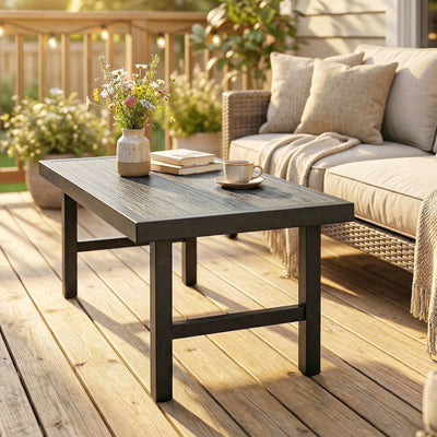Outsunny Metal Garden Coffee Table, Outdoor Side Table with SPC Woodgrain Tabletop for Outside, 100 x 52 x 46cm, Dark Grey 