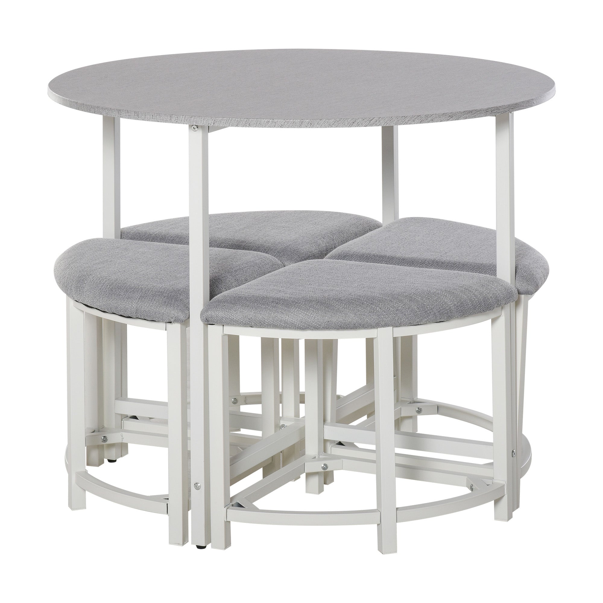 HOMCOM Modern Round Dining Table Set with 4 Upholstered Stools for Dining Room, Kitchen, Grey 