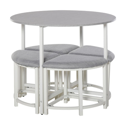 HOMCOM Modern Round Dining Table Set with 4 Upholstered Stools for Dining Room, Kitchen, Grey 