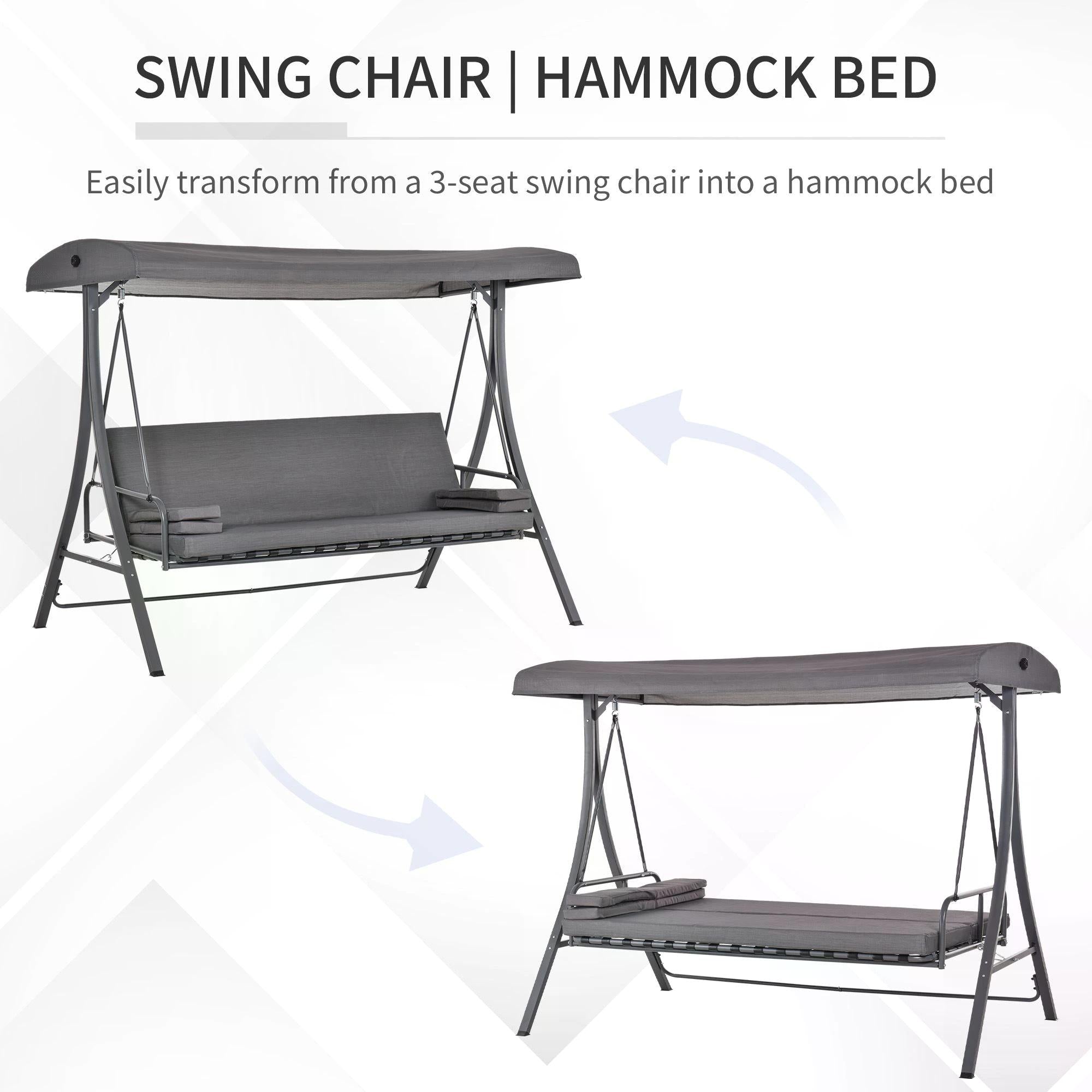 Outsunny 2-in-1 Patio 3 Seater Swing Chair Hammock w/ Cushion Adjustable Canopy Garden 