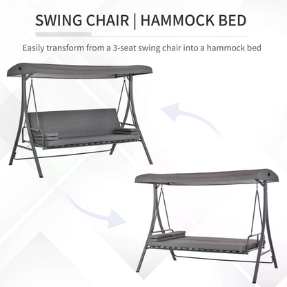 Outsunny 2-in-1 Patio 3 Seater Swing Chair Hammock w/ Cushion Adjustable Canopy Garden 