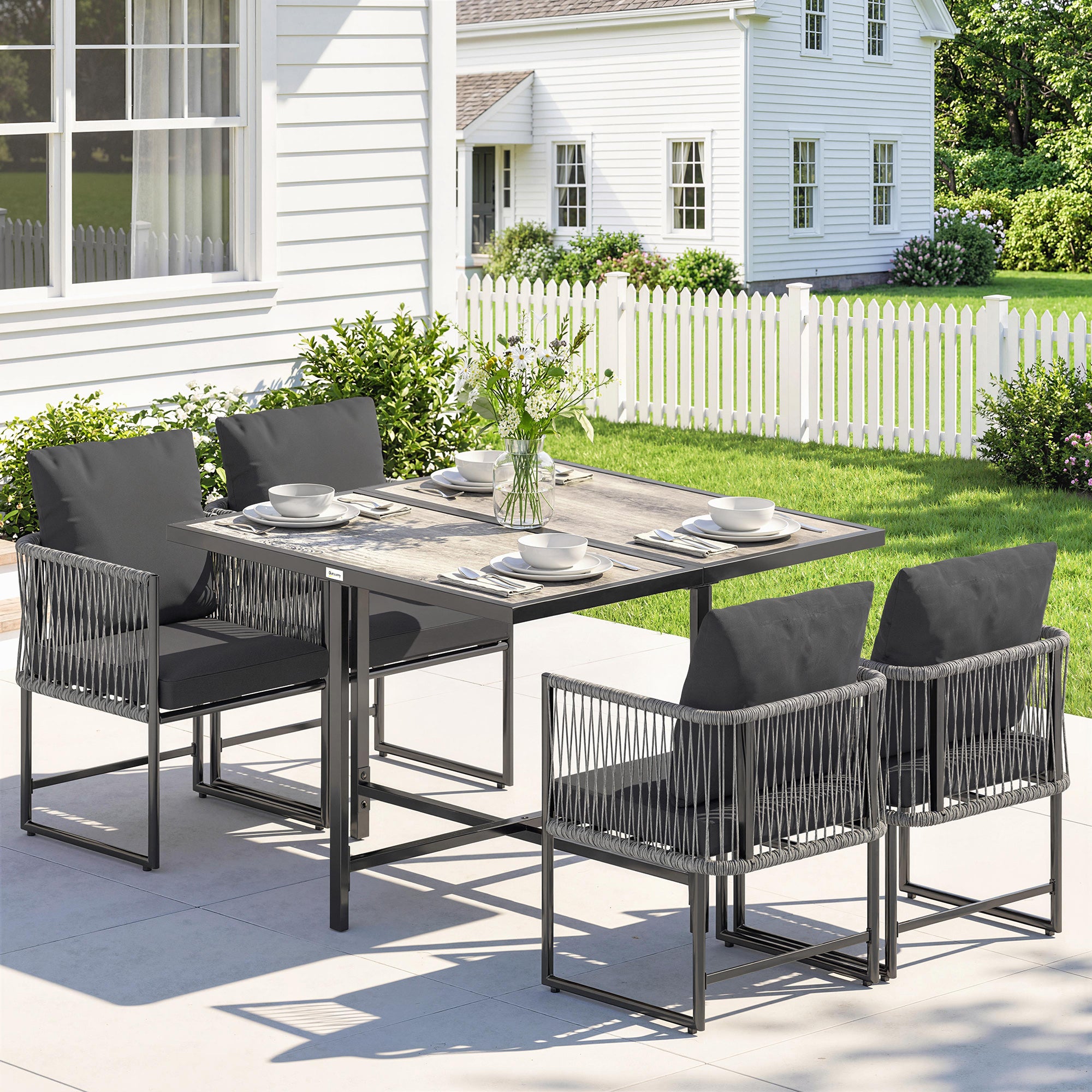 Outsunny 4-Seater Garden Dining Set, Rattan Outdoor Furniture with Space-Saving Chairs and Thick Cushions for Patio Balcony, Black 