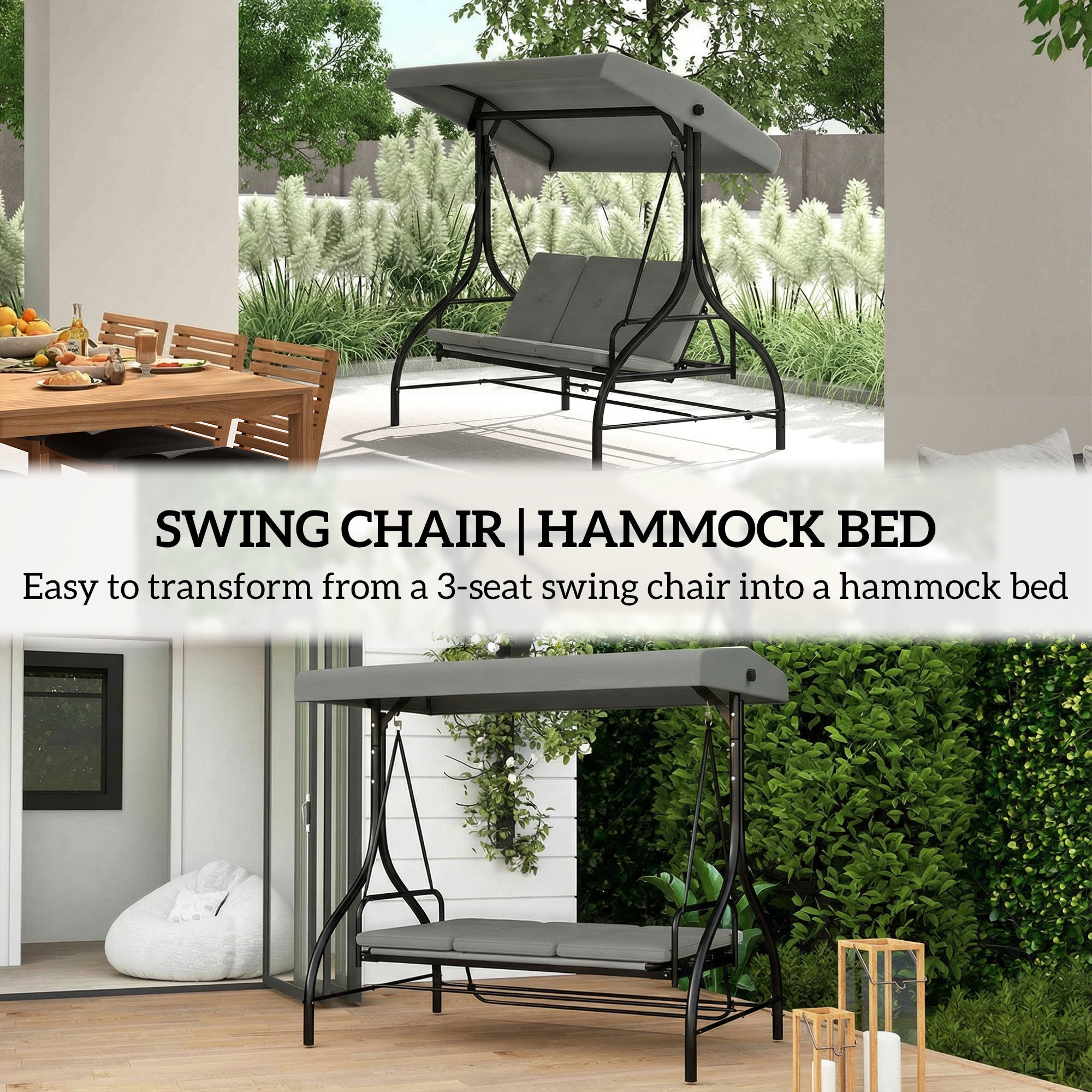Outsunny 3 Seater Canopy Swing Chair, 2 in 1 Garden Swing Seat Bed, with Adjustable Canopy and Metal Frame, Light Grey 