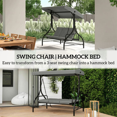 Outsunny 3 Seater Canopy Swing Chair, 2 in 1 Garden Swing Seat Bed, with Adjustable Canopy and Metal Frame, Light Grey 