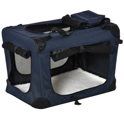 PawHut Foldable Pet Carrier for Small and Miniature Dogs, Portable Cat Carrier Soft Side Pet Travel Crate with Removable Mat, Storage Bags, Breathable Mesh 70 x 51 x 50cm - Dark Blue 