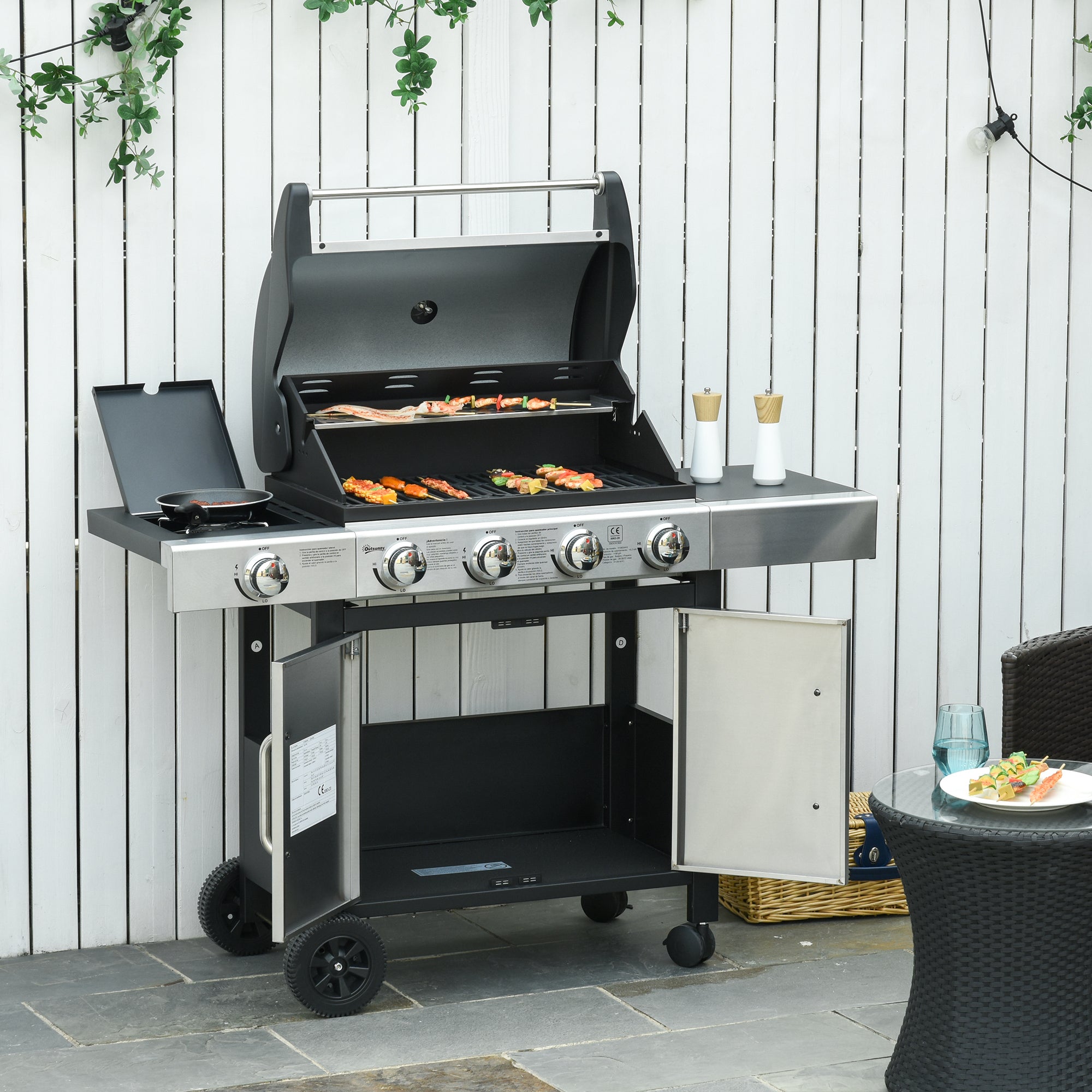 Outsunny Gas Barbecue Grill 4+1 Burner Garden Smoker BBQ Trolley w/ Side Burner Warming Rack Side Shelves Storage Cabinet Piezo Ignition Thermometer Stainless Steel + Metal 