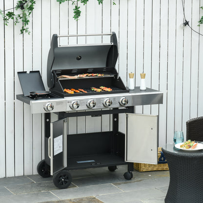 Outsunny Gas Barbecue Grill 4+1 Burner Garden Smoker BBQ Trolley w/ Side Burner Warming Rack Side Shelves Storage Cabinet Piezo Ignition Thermometer Stainless Steel + Metal 