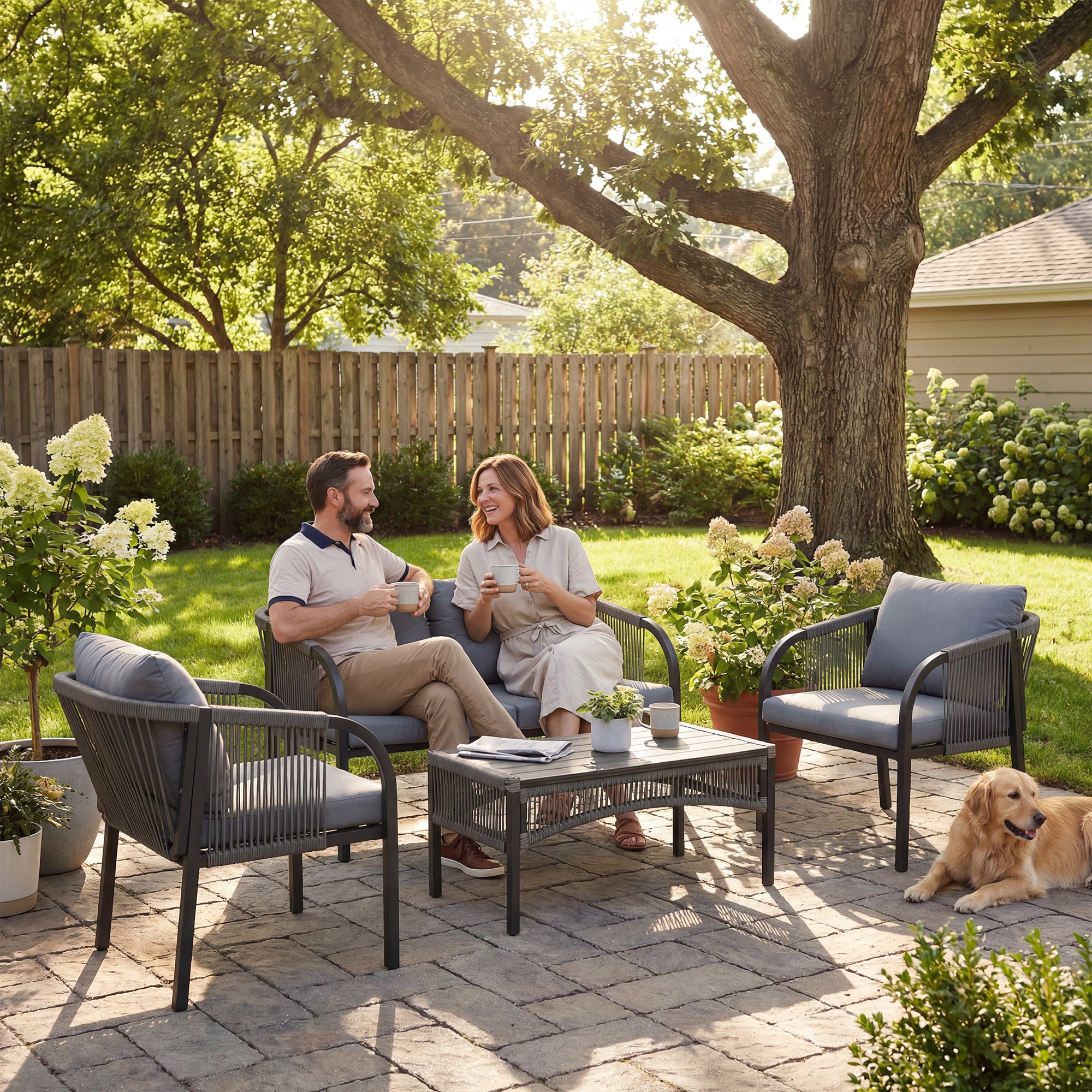 Outsunny 4 Piece Rattan Garden Furniture Set with Loveseat, Armchairs, Table, Steel Frame Wicker Patio Conversation Set, Grey 