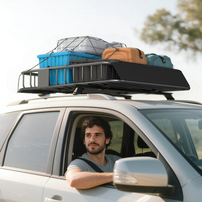 HOMCOM Universal Roof Rack Basket Tray, 90.7 kg Steel Car Rooftop Luggage Cargo Carrier Holder with Wind Fairing, Side Rails for SUVs, Pickups, Sedans, Off-Road Vehicles, 110.5 x 99.5 x 18.5 cm, Black 