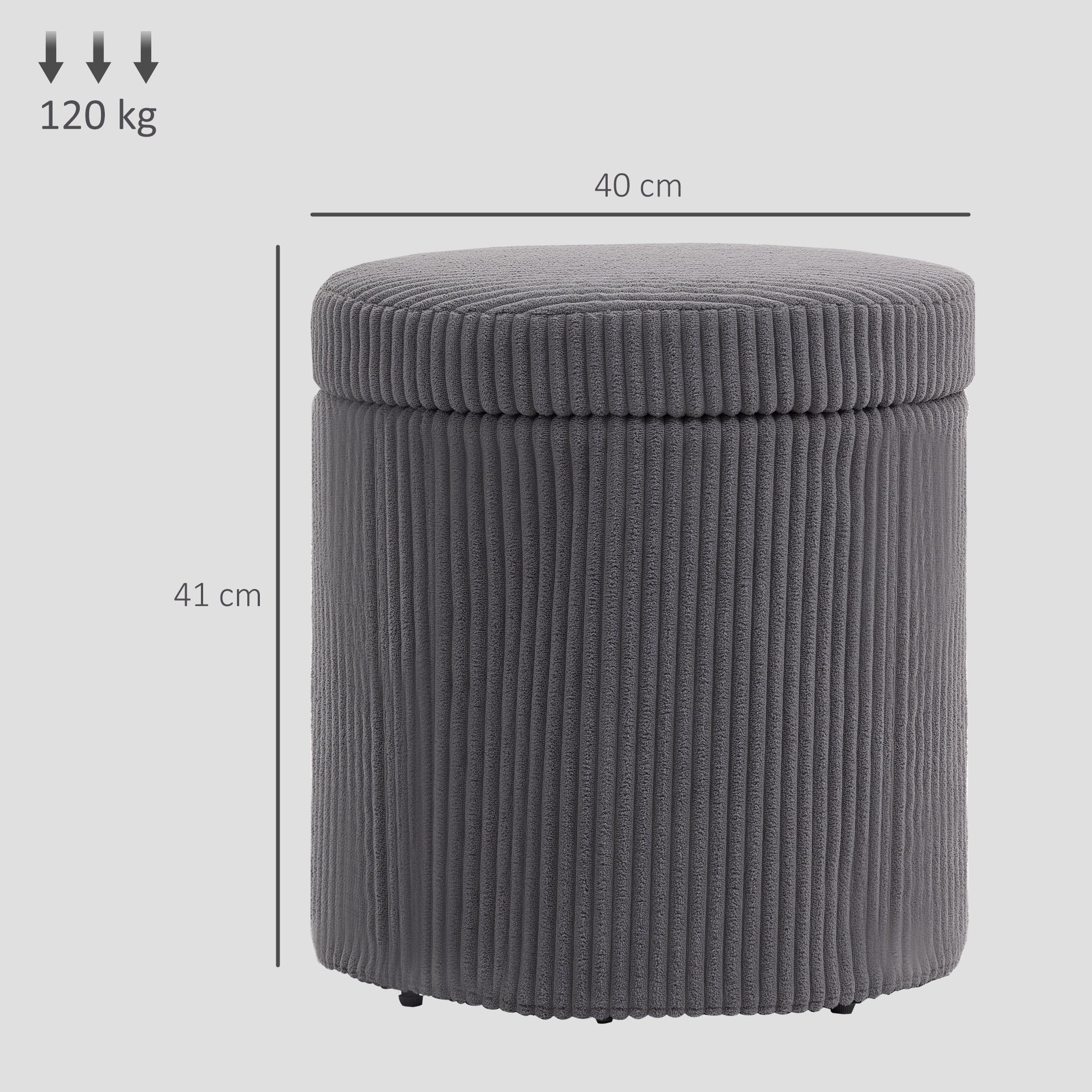 HOMCOM 40cm Round Storage Ottoman, Corduroy Footstool with Removable Lid and Legs, Vanity Stool for Living Room, Bedroom, Grey 
