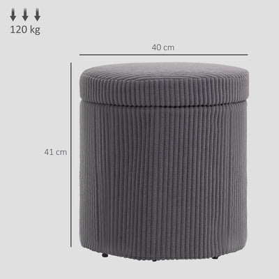 HOMCOM 40cm Round Storage Ottoman, Corduroy Footstool with Removable Lid and Legs, Vanity Stool for Living Room, Bedroom, Grey 