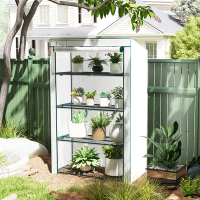Outsunny 4 Tier Lean-to Mini Greenhouse with Reinforced PE Cover, Portable Small Greenhouse with Roll-Up Door, Green Hemmed Edging, 110 x 50 x 171cm, Green 