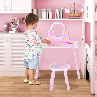 HOMCOM Kids Dressing Table Girls Pink Wooden Kids Dressing Table & Stool Make Up Desk Chair Toys Fairy Dresser Play Set w/Mirror 