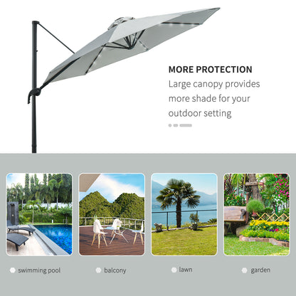 Outsunny 3(m) LED Cantilever Parasol Garden Sun Umbrella w/ Cross Base and Solar Lights Grey 