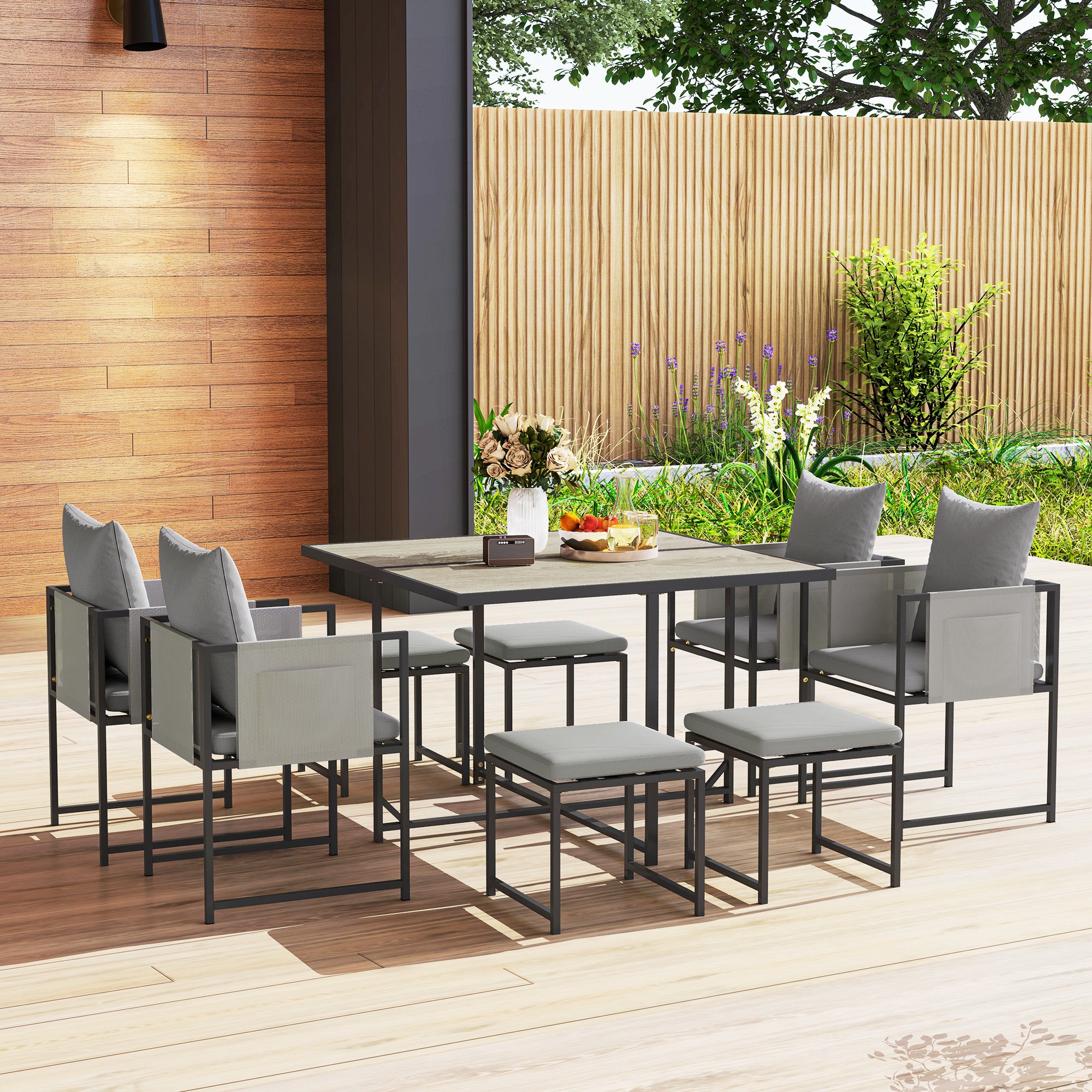 Outsunny Nine-Piece Steel Frame Garden Dining Set - Dark Grey 
