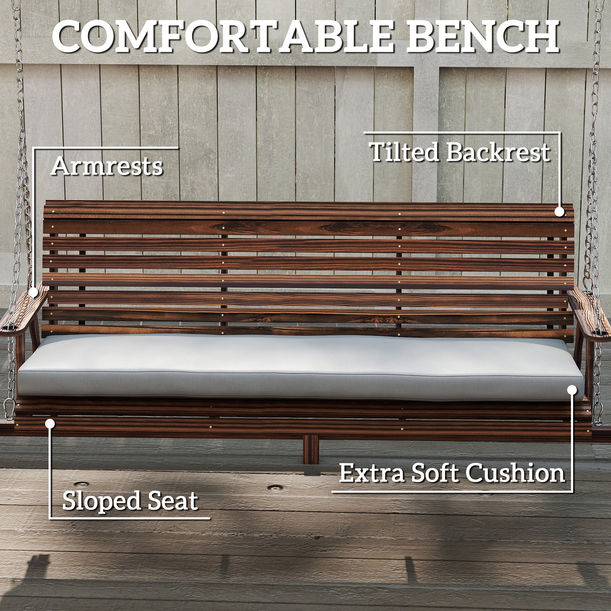 Outsunny 3 Seater Garden Swing Seat, Wooden Swing Chair Bench with Cushion, Side Trays and Metal Chains, for Outdoor Porch Patio, Carbonised Brown 