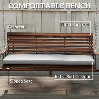 Outsunny 3 Seater Garden Swing Seat, Wooden Swing Chair Bench with Cushion, Side Trays and Metal Chains, for Outdoor Porch Patio, Carbonised Brown 
