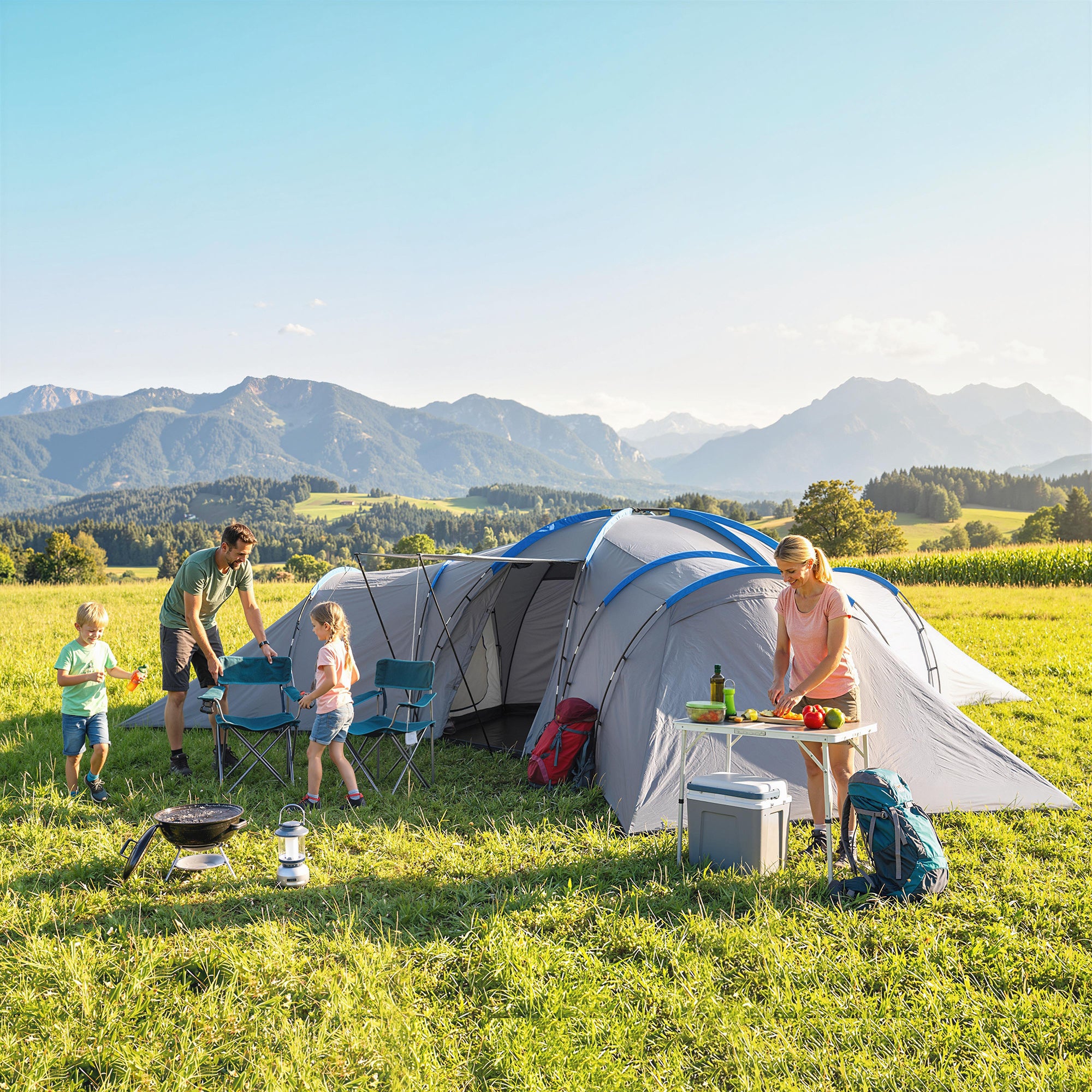 Outsunny 6-9 Man Large Tunnel Tent with 3 Bedrooms, Living Area and Porch, Stand-up Camping Tent, Portable with Bag, Light Grey 