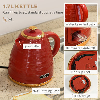 HOMCOM 3000W 1.7L Rapid Boil Kettle & 4 Slice Toaster, Kettle and Toaster Set with 7 Browning Controls and Crumb Tray, Red 