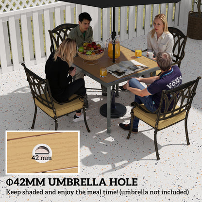 Outsunny Garden Table, 90cm Square Outdoor Patio Dining Table with 4.2 cm Umbrella Hole, Metal Frame, Wood Effect Top, for Terrace, Balcony, Natural Wood Finish 