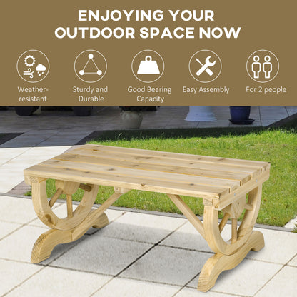 Outsunny 2-Person Garden Bench Rustic Wooden Outdoor Bench with Wheel-Shaped Legs Slatted Seat for Patio Natural Wood Effect 