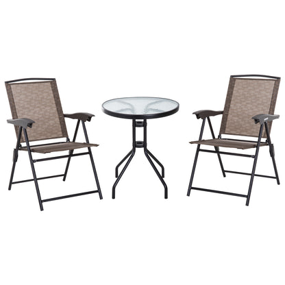 Outsunny 3 Piece Outdoor Bistro Set, Patio Conversation Furniture Set with 2 Folding Backrest Adjustable Armchairs and Glass Top Coffee Table, Brown 